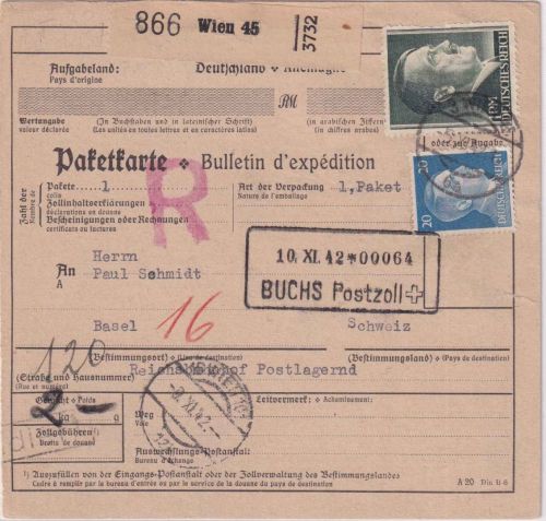 DR - 1 RM+20 Pfg. AH Paketkarte i.d. SCHWEIZ Wien - Basel/postlagernd 5.11.42