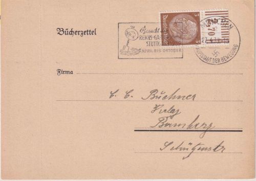 DR - 3 Pfg. Hindenburg OR/Walze Bücherzettel München - Bamberg 1939