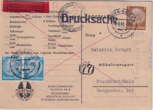 DR - 2x20+3 Pfg. Hindenburg Eil-Drucksachenkarte Baden-Baden - FFM 1941