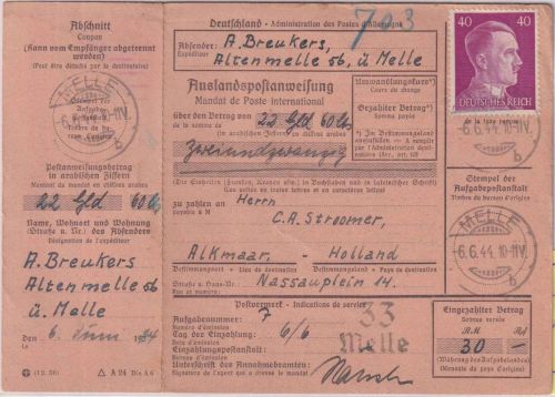 DR - 40 Pfg. AH Postanweisung n. HOLLAND Melle - Alkmaar 6.6.44