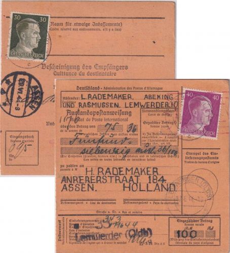 DR - 40+30 Pfg. AH Postanweisung n. HOLLAND Lemwerder - Assen 1944