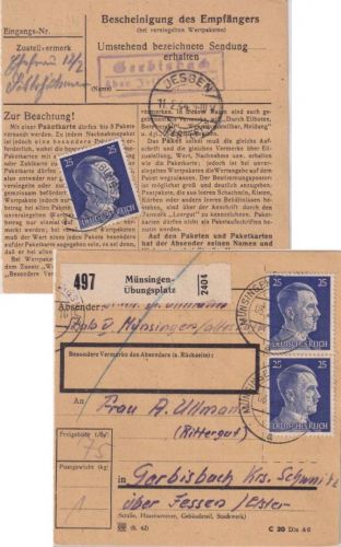 DR - 3x25 Pfg. AH Paketkarte Münsingen Übungsplatz - Gerbisbach 3.2.44