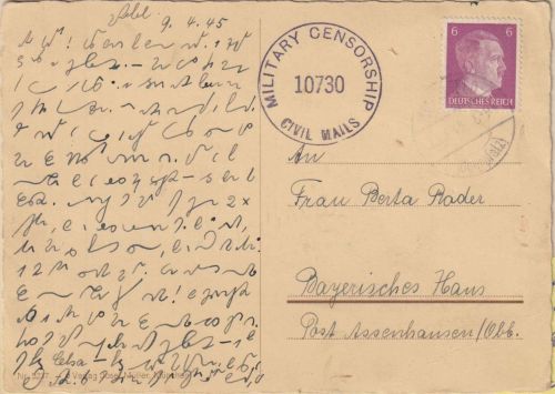 DR - 6 Pfg. AH Postkarte Michelfeld - Assenhausen 10.4.45 US-Zensur Überroller