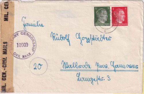 DR - 8+5 Pfg. AH Brief Marburg a/L. - Walsrode 24.3.45 US-Zensur Überroller