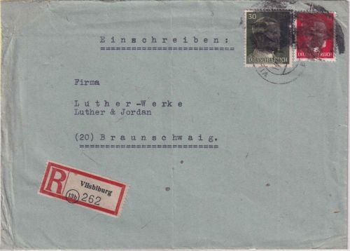 DR - 30+12 Pfg. AH Einschreibebrief Vilsbiburg 14.4.45 Überroller/Schwärzung