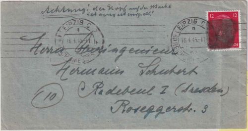 DR - 12 Pfg AH Brief Brief (10) Leipzig - Radebeul 16.4.45 Überroller/Schwärzung