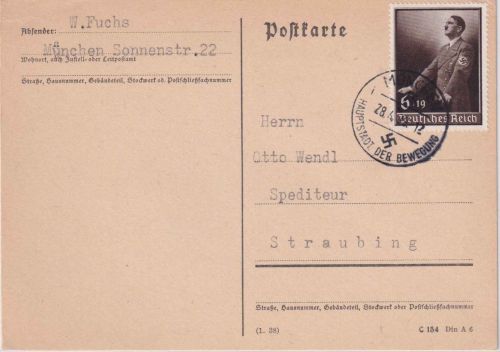 DR - 6 Pfg AH "Tag der Arbeit" Karte/FDC (!) München - Straubing 28.4.39