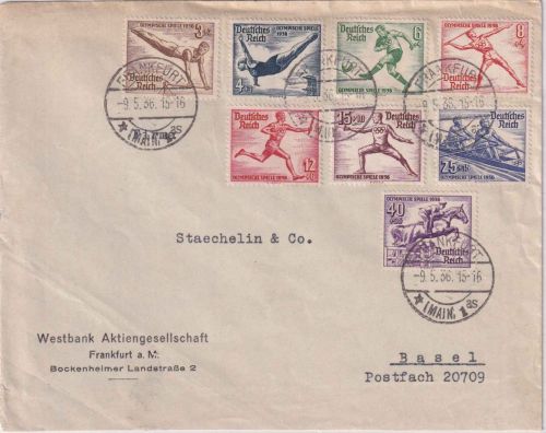 DR - Olympiade 1936 Satzbrief/8 Werte FDC i.d. SCHWEIZ Frankfurt a/M. 9.5.36 RR!