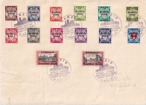 DR - Danzig Freimarken/Überdruck Satz auf Blatt mit SST Danzig 19. SEPT 39