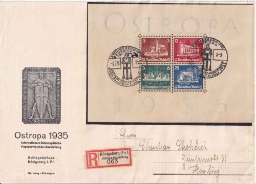 DR - OSTROPA 1935 Block Schmuckbrief-Vds./SST + Sonder-R-Zettel Königsberg