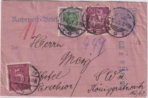 DR - 60 Pfg. Germania Ganzsache + Zusatz Rohrpostbrief Berlin W9 9.12.21