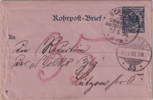 DR - 30 Pfg. K/A Ganzsache SST Berlin Gewerbeausstellung 27.5.1896