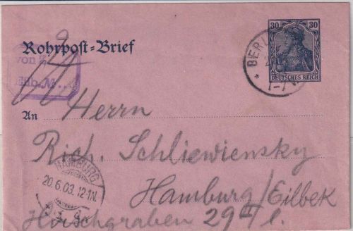 DR - 30 Pfg. Germania Ganzsache Rohrpostbrief 1903 n. Hamburg Nebenstempel !!