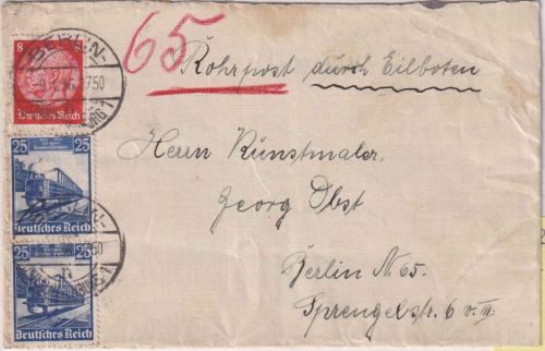 DR - 2x25 Pfg. 100 J. Dt. Eisenbahn u.a. Orts-Rohrpostbrief Berlin 9.1.36