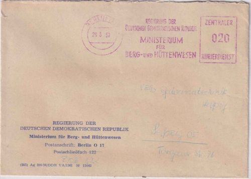 DDR - Berlin 1957 Ministerium f. Berg- u. Hüttenwesen 20 Pfg. AFS/ZKD Brief