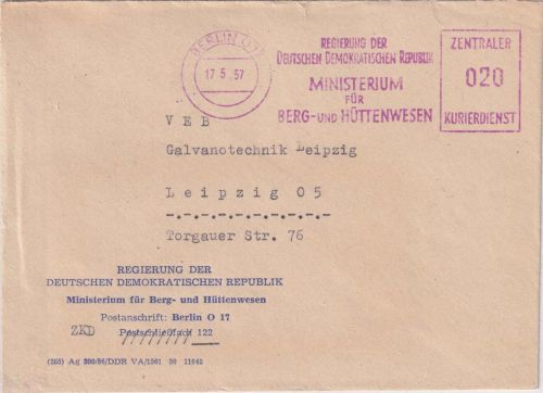 DDR - Berlin 1957 Ministerium f. Berg- u. Hüttenwesen 20 Pfg. AFS/ZKD Brief