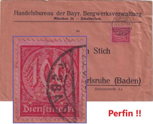 DR-Infla - 100 M. Ziffer Perfin Hammer/Schlägel Dienstbrief München 23.5.23