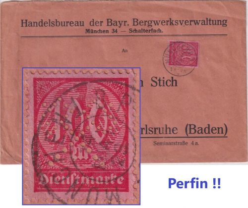 DR-Infla - 100 M. Ziffer Perfin Hammer/Schlägel Dienstbrief München 14.5.23