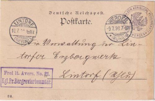 DR - Werden 1898 Dienstpostkarte Frei lt. Avers No.21 Kgl. Pr. Bergrevierbeamter