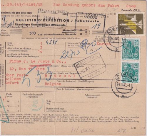 DDR - 1 DM Flugpost u.a. Paketkarte (Selbstbucher) n. BELGIEN Sömmerda 1962