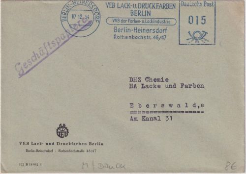 DDR - Berlin-Heinersdorf 1954 15 Pfg. AFS VEB Lack- u. Druckfarben Gesch.papiere