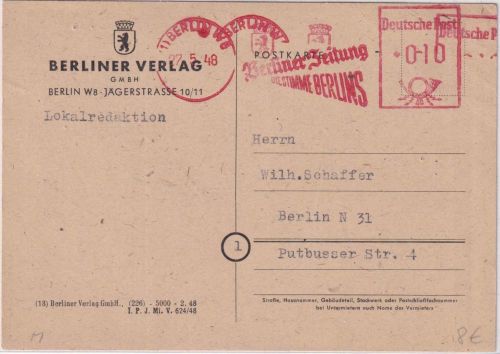 SBZ - Berlin W8 1948 10 Pfg. AFS "Berliner Zeitung" Ortskarte - Text !!