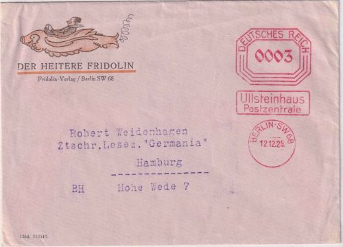 DR - Berlin SW68 12.12.25 3 Pfg. Francotyp Bafra "Ullsteinhaus" Drucksache