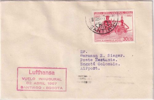 Chile - 30 C. Feuerwehr Oldtimer Lufthansa Erstflugbrief Santiago - Bogota 1967