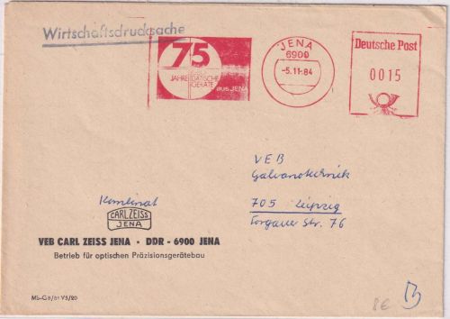 DDR - Jena 1984 15 Pfg. AFS "Carl Zeiss" Wirtschaftsdrucksache n. Leipzig