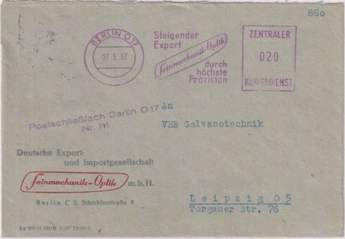 DDR - Berlin O17 1957 20 Pfg. AFS/ZKD "Feinmechanik Optik" Brief n. Leipzig