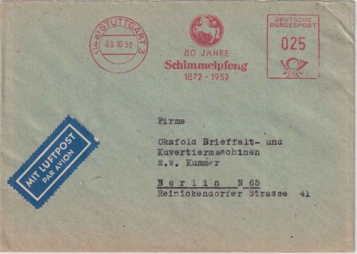 BRD - Stuttgart 1952 25 Pfg. AFS "Schimmelpfeng" Luftpostbrief n. Berlin