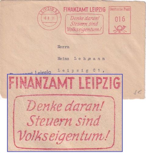 DDR - Leipzig 1951 16 Pfg. AFS "Steuern sind Volkseigentum" Ortsbrief-Vds.