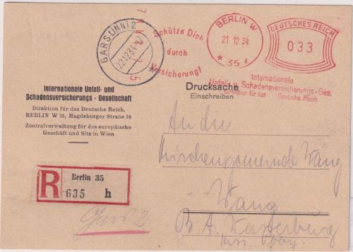 DR - Berlin 1934 33 Pfg. Francotyp Comusina AFS (Versicherung) R-Drucksache !