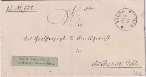 DR - Vacha 1893 Frei lt. Avers Nr. 15 (Großherzogl. Steuerrevision) Dienstbrief