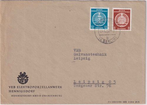 DDR/Verw.Post B - 8+12 Pfg. Dienstbrief (Elektroporzellenwerk) Henningsdorf 1955