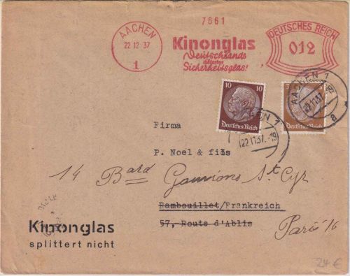 DR - Aachen 1937 12 Pfg AFS "Kinonglas"+10+3 Pfg. Hindenburg Brief n. FRANKREICH