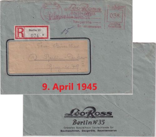 DR - Berlin W35 9.4.45 38 Pfg. AFS "Leo Ross Baumaschinen" Ortseinschreibebrief