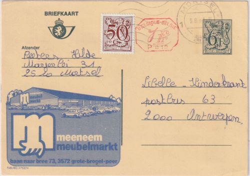 Belgien - 6 Fr. Werbeganzsache+Zusatz Mortsel - Antwerpen 1983