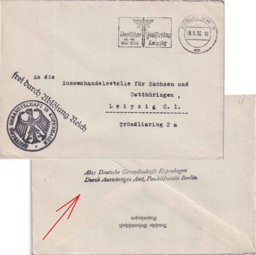 DR - Berlin 1936 Masch.werbestpl. "Dt. Juristentag" Dienstbrief v. Kopenhagen
