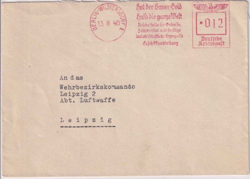 DR - Berlin 1940 12 Pfg. AFS "Reichsstelle f. Getreide..." Brief n. Leipzig