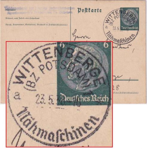 DR - Wittenberge (Bz. Potsdam) a Nähmaschinen Handwerbestempel Ganzsache 1938