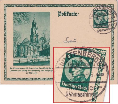 DR - Wittenberge 1 (Bz. Potsdam) Nähmaschinen Handwerbestempel Ganzsache 1933