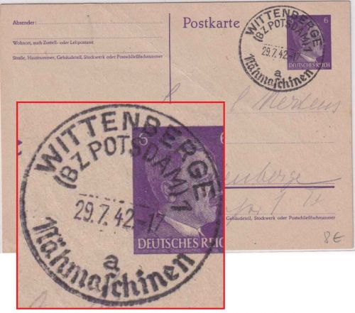 DR - Wittenberge (Bz. Potsdam) 1a Nähmaschinen Handwerbestempel Ganzsache 1942