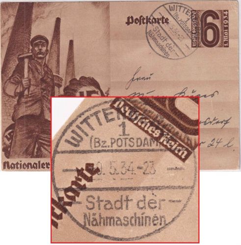 DR - Wittenberge 1 (Bz. Potsdam) Nähmaschinen Handwerbestempel Ganzsache 1934