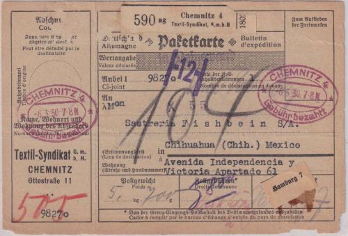 DR - Chemnitz 4 1930 Gebühr bezahlt Paketkarte (Selbstbucher) n. MEXIKO