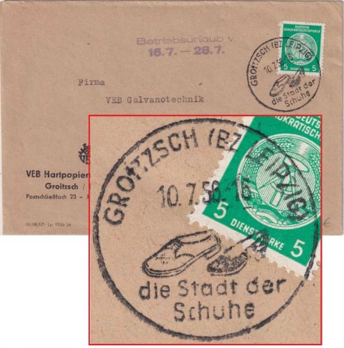 DDR - Groitzsch 1956 "Die Satdt der Schiuhe" Handwerbestempel Dienstdrucksache