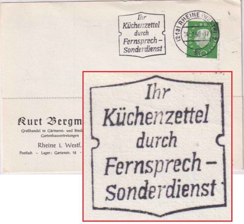 DR - Rheine 1960 Masch.werbestpl. "Ihr Küchenzettel..." Karte n. Düsseldorf