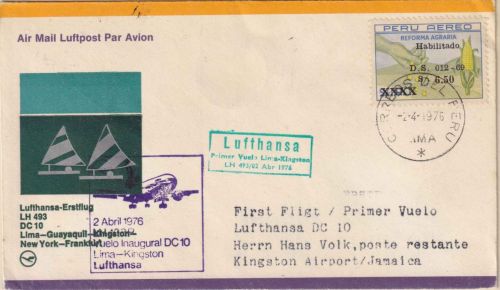 Peru - 6,50/1,90 S. Agrarreform Luftpostbrief/LH-Erstflug Lima - Kingston 1976
