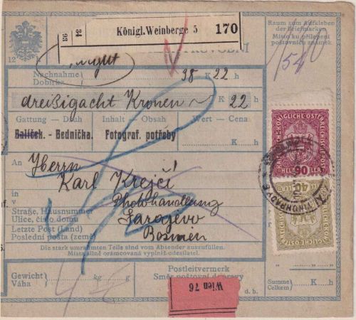 Österreich - 90+40 H. Kaiserkrone Nachnahme-Paketkarte Königl. Weinberge 1918