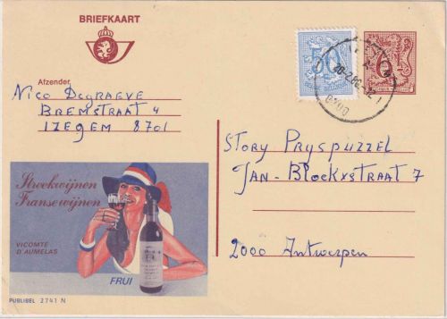 Belgien - 6 Fr. Werbeganzsache + Zusatz (franz. Wein) Izegem - Antwerpen 1980